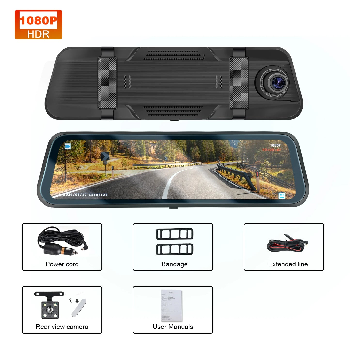 9.66” Dual-Lens HD Rear-view Mirror Dash Cam with Parking Monitor