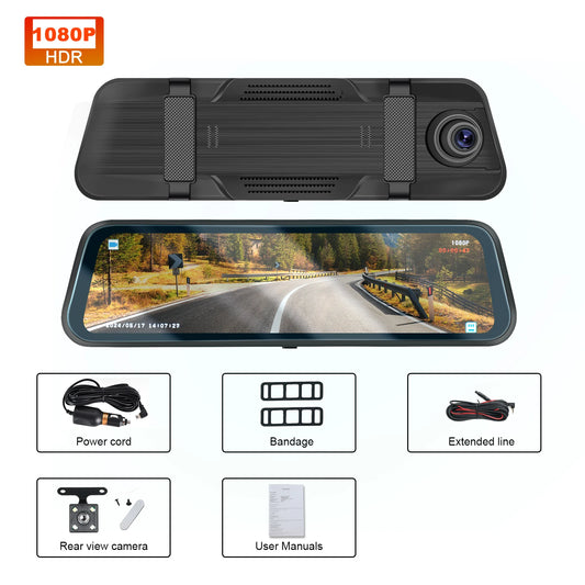 9.66” Dual-Lens HD Rear-view Mirror Dash Cam with Parking Monitor
