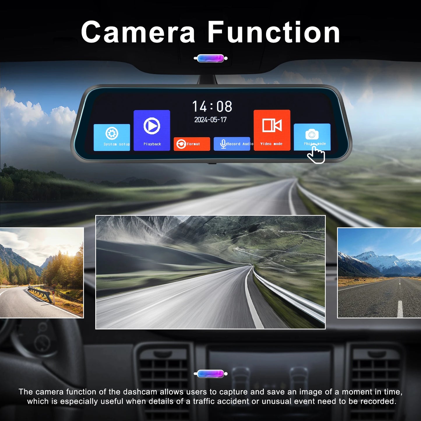 9.66” Dual-Lens HD Rear-view Mirror Dash Cam with Parking Monitor