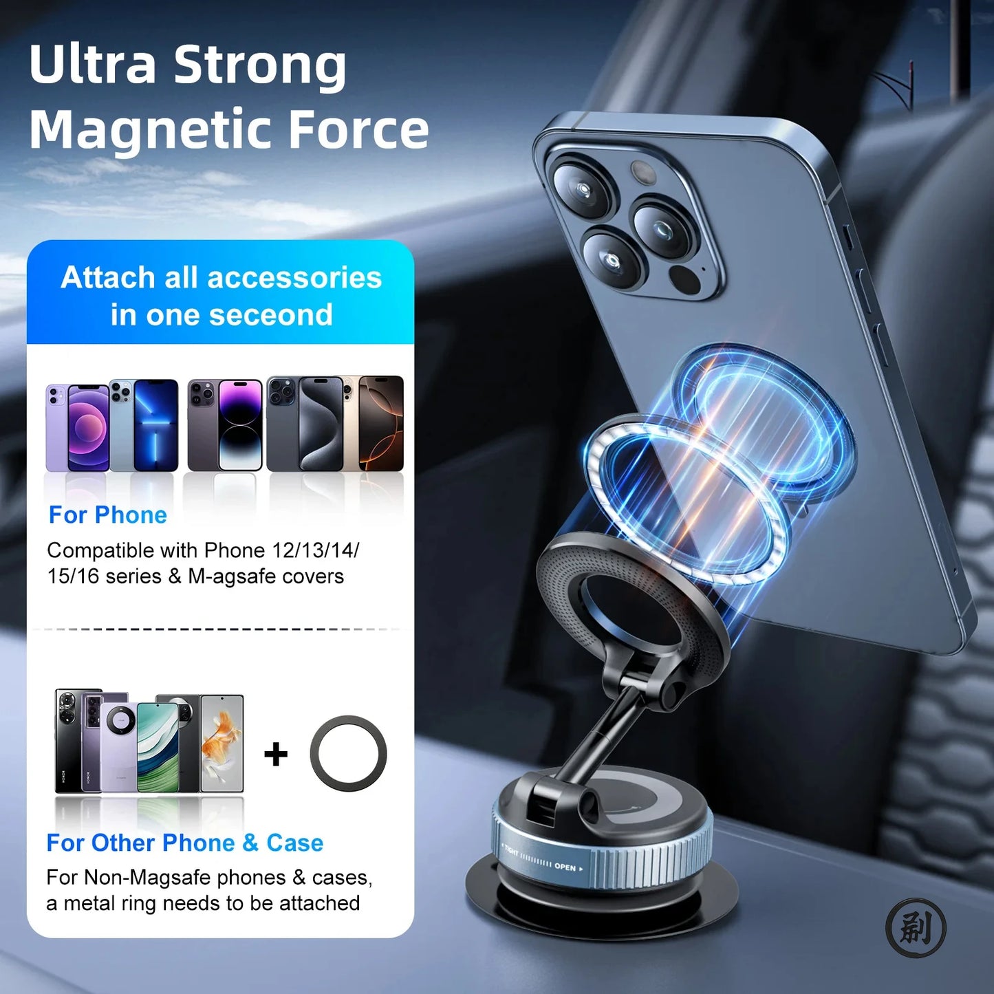 Magnetic Car Phone Holder with Vacuum Suction Cup (360° Rotation)